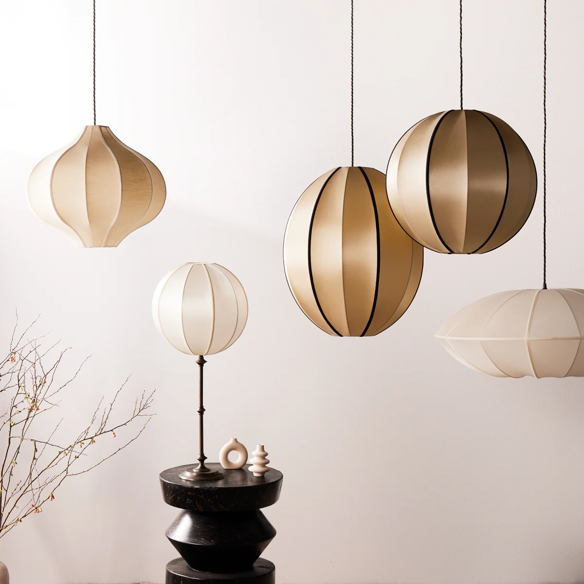 Small classic oval space pendant shade in white silk with white tape - Image 7