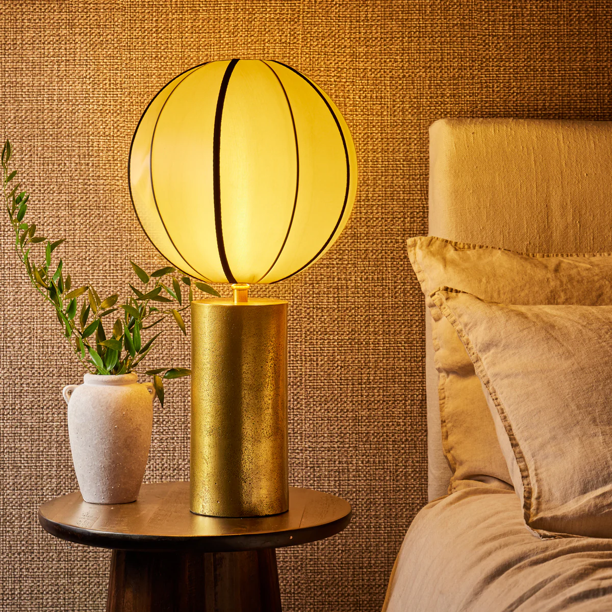 Small round space shade in taupe silk with black tape - Image 6