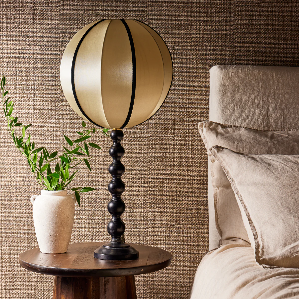 Small round space shade in taupe silk with black tape - Image 7