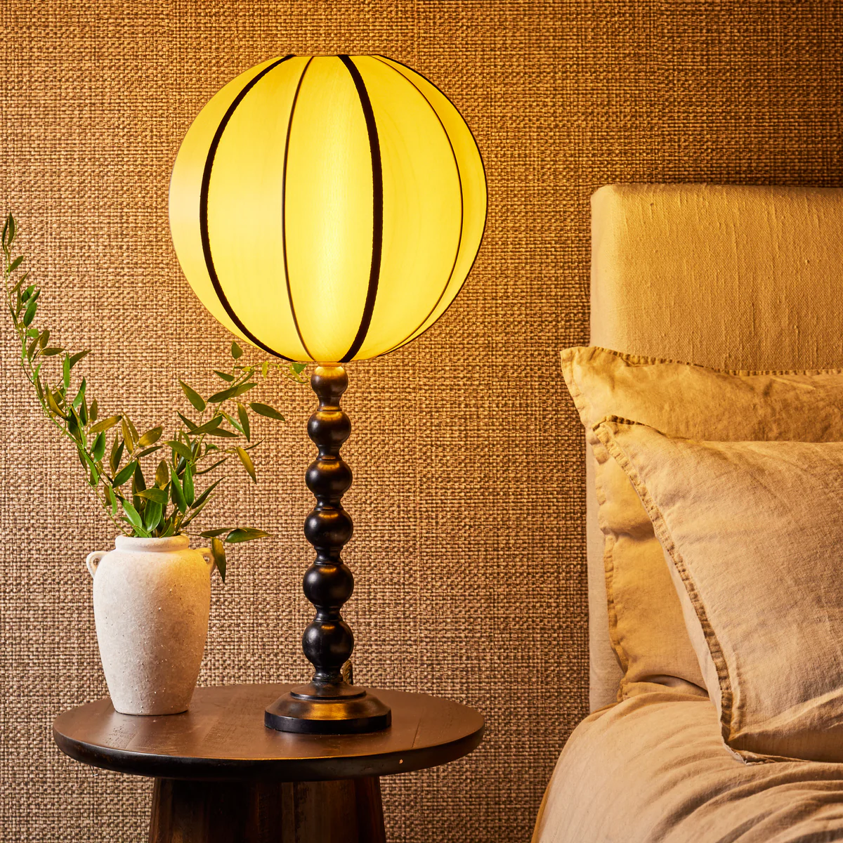 Small round space shade in taupe silk with black tape - Image 8