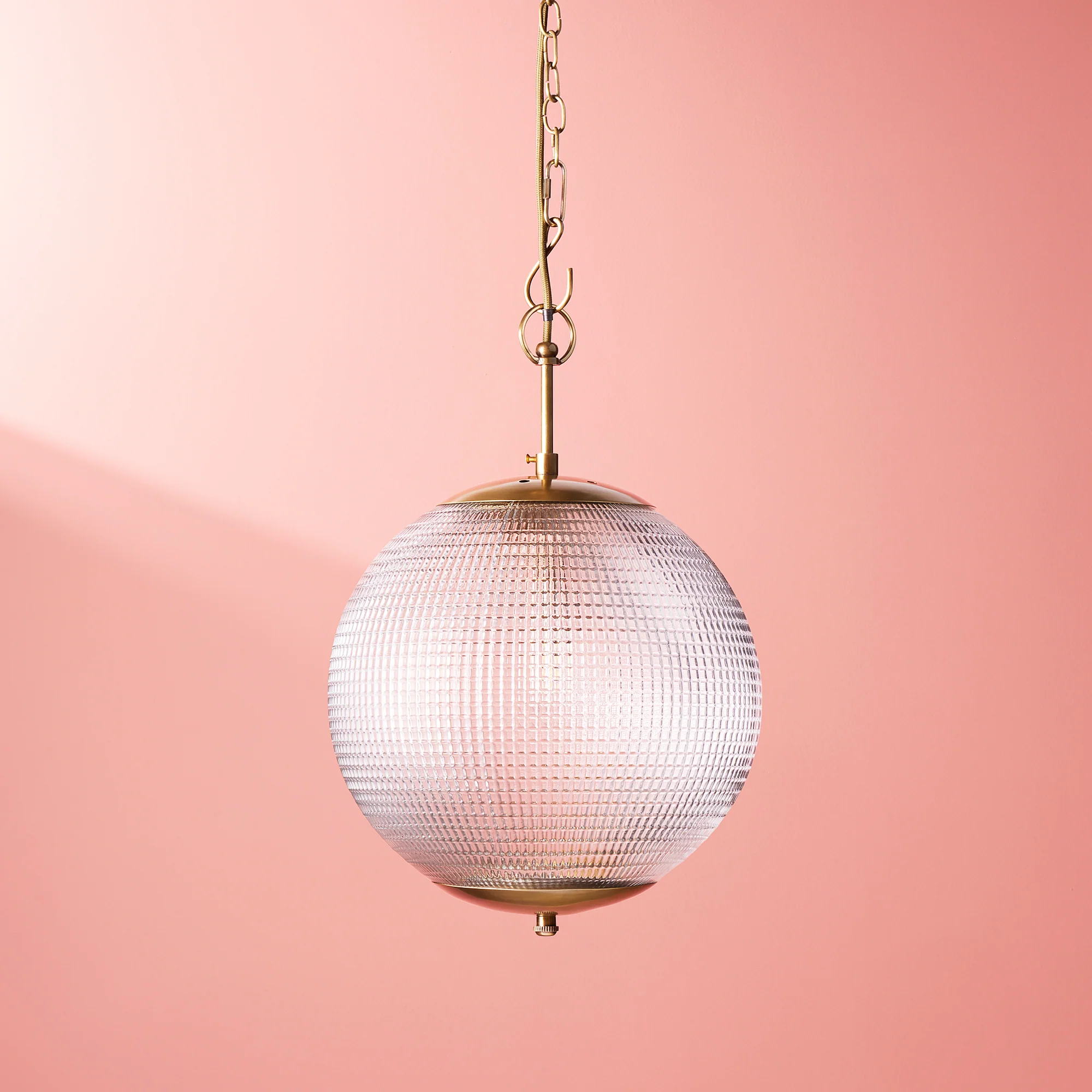 Smaller Holophane Pendant in antique brass and clear glass