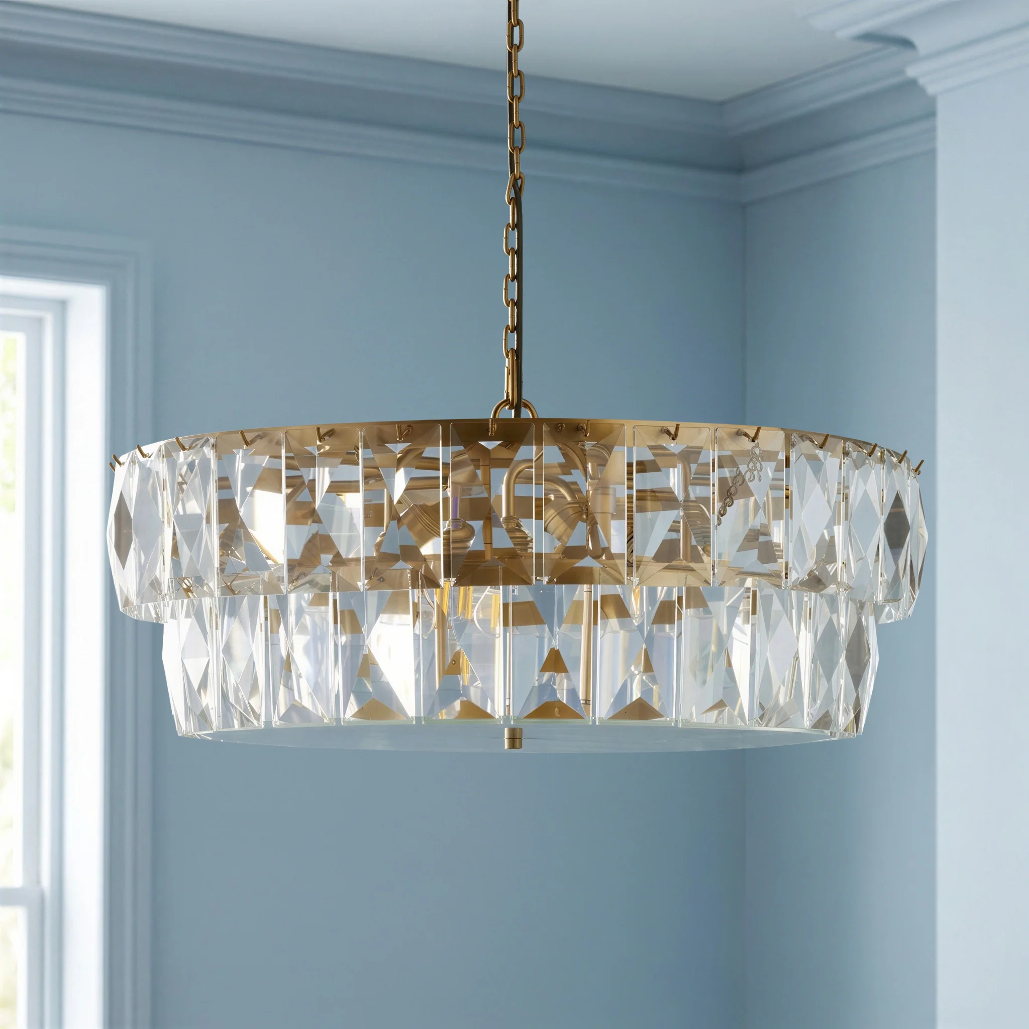 Two tiered Conchita chandelier in prismatic glass and brass