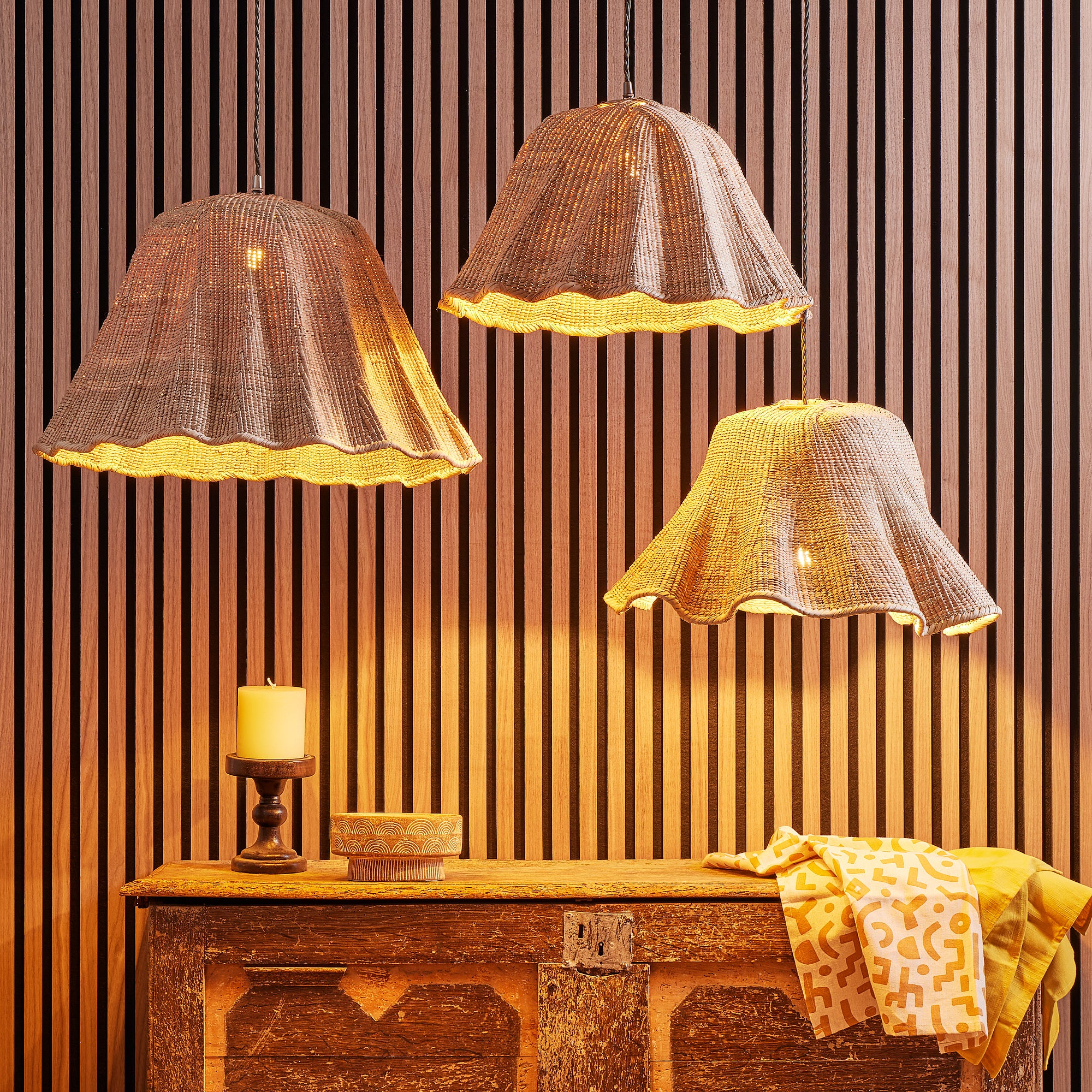Smallest Wonky Wave natural woven palm basket pendant shade - Image 11