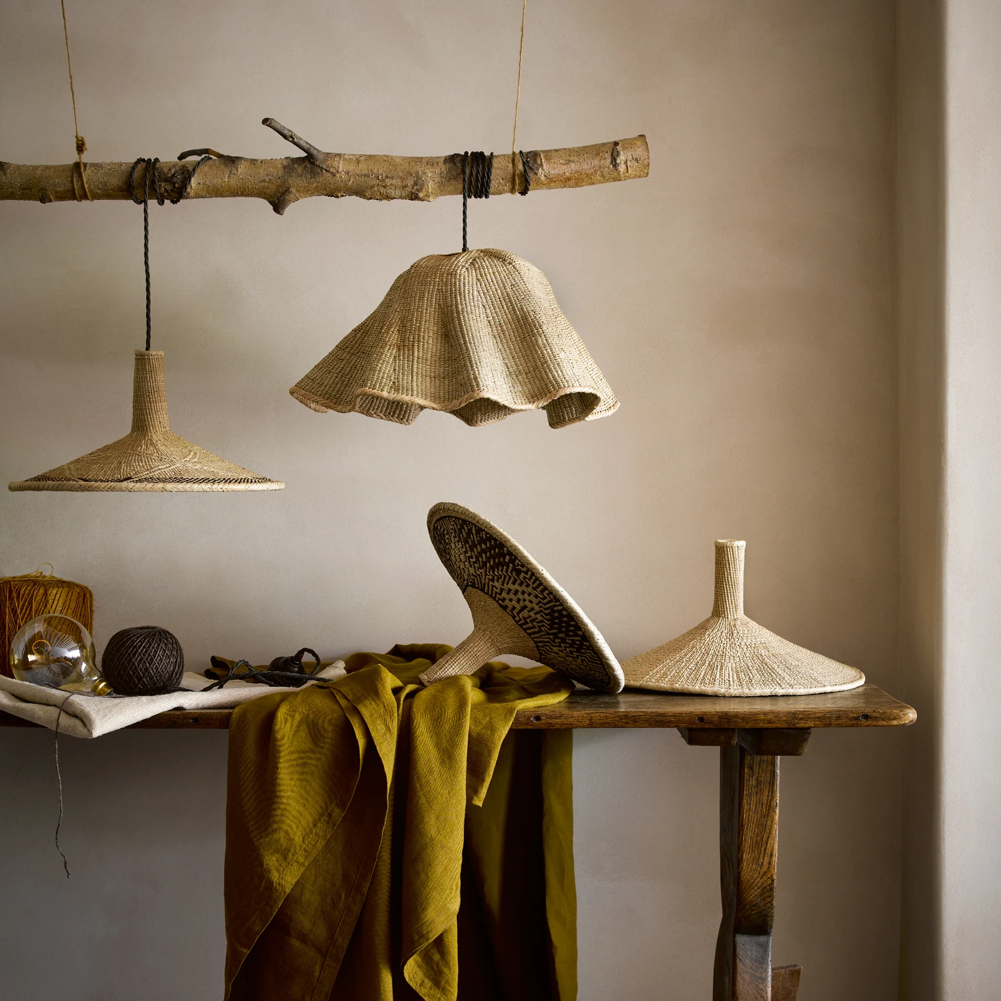 Smallest Wonky Wave natural woven palm basket pendant shade - Image 12